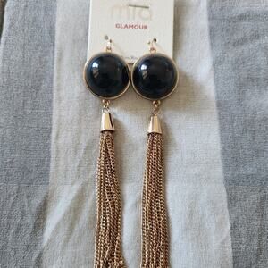Mia‎ Glamour by Kim Min Sun Black Gold Metal Tassel Chain Dangle Hook Earrings